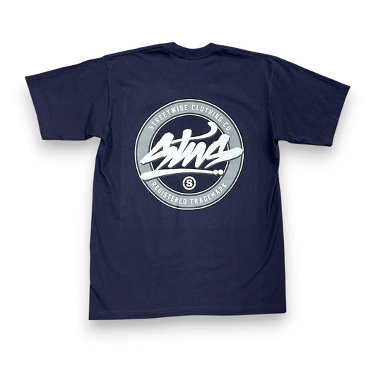 Navy t-shirt with a 'STWS' logo graphic on a white background