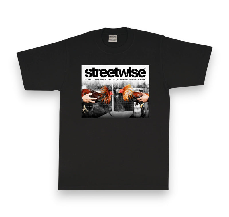 Load image into Gallery viewer, Black t-shirt with graphic design and 'streetwise' text on a white background
