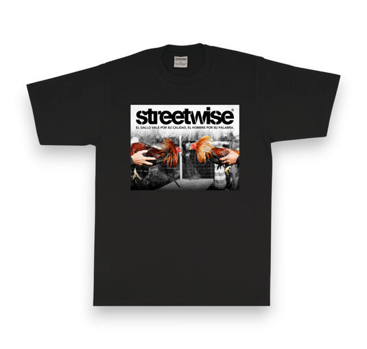 Black t-shirt with graphic design and 'streetwise' text on a white background