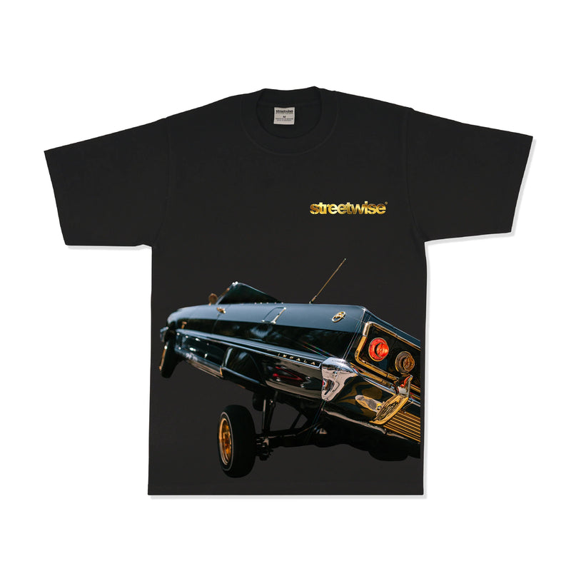 Load image into Gallery viewer, Black t-shirt with a graphic and the 'streetwise' logo printed on a white background
