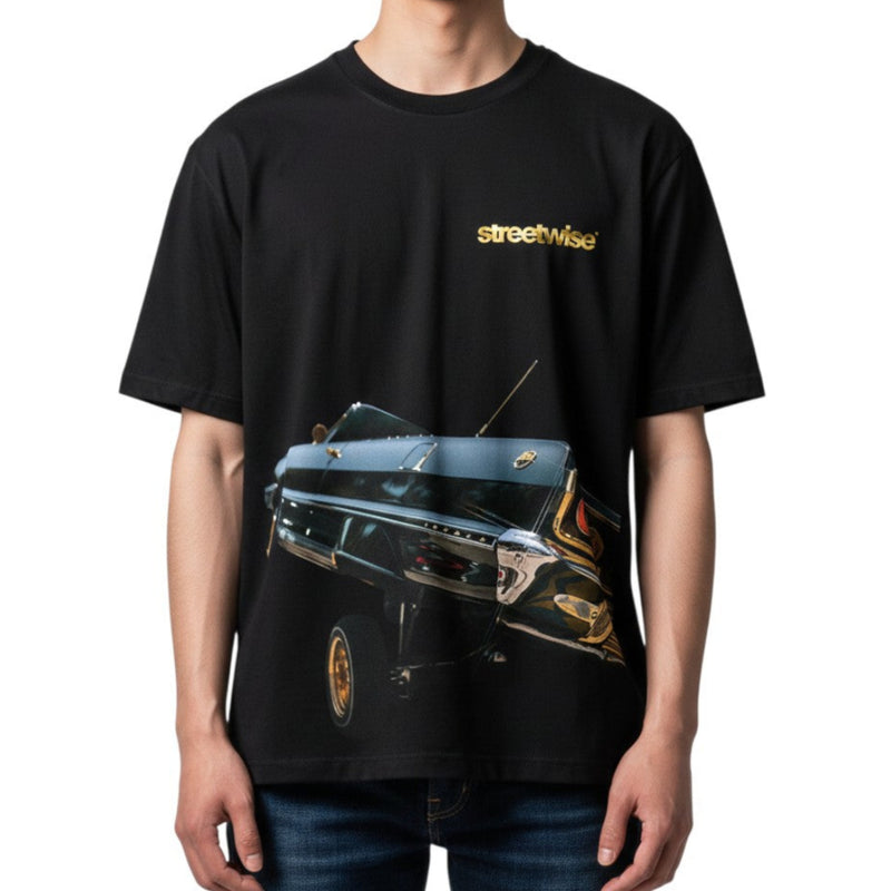 Load image into Gallery viewer, Person wearing a black t-shirt with a car graphic and 'streetwise' text on a white background
