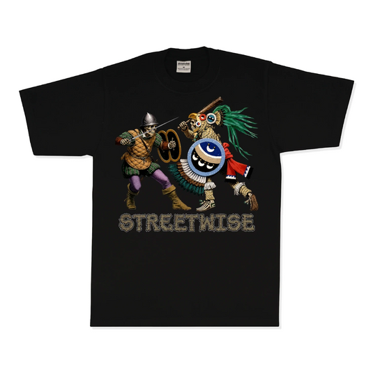 A black short-sleeve graphic t-shirt featuring two stylized cartoon characters in a battle pose with the word 'STREETWISE' printed below in a textured gray font. The shirt is displayed flat against a solid white background.