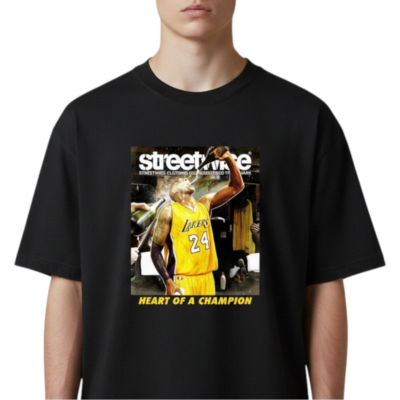 Load image into Gallery viewer, Black t-shirt with a graphic of a basketball player and text on a white background
