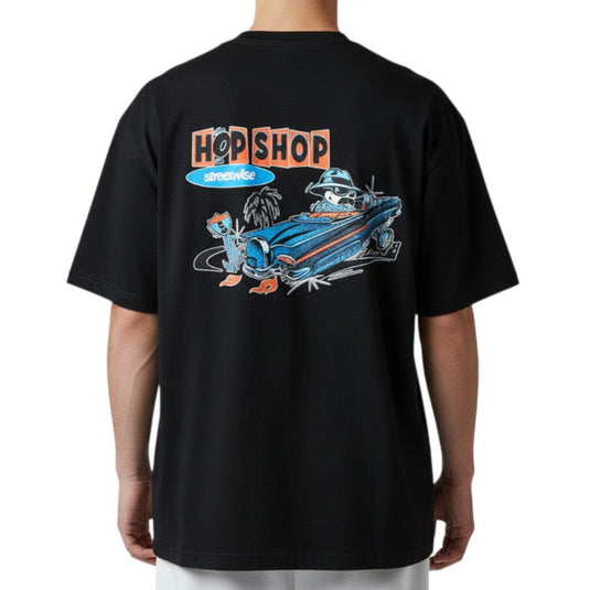 Black t-shirt with colorful graphic design on the back, featuring the brand 'Hop Shop'.