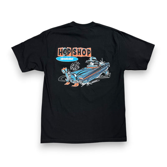 Black t-shirt with a graphic design on the back featuring a car and 'Hop Shop' text.