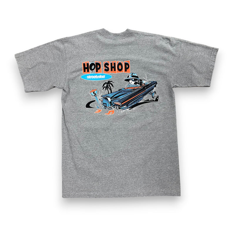 Load image into Gallery viewer, Gray t-shirt with a graphic design of a hot rod and 'Hop Shop' text on a white background
