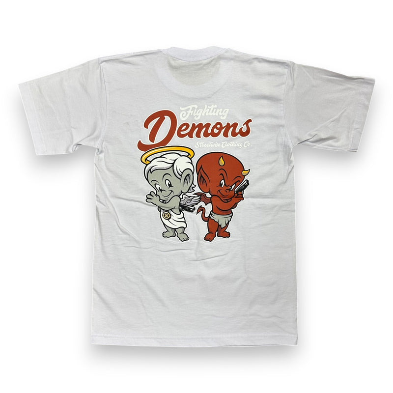 Load image into Gallery viewer, White t-shirt with cartoon angel and devil design and 'Fighting Demons' text on a white background
