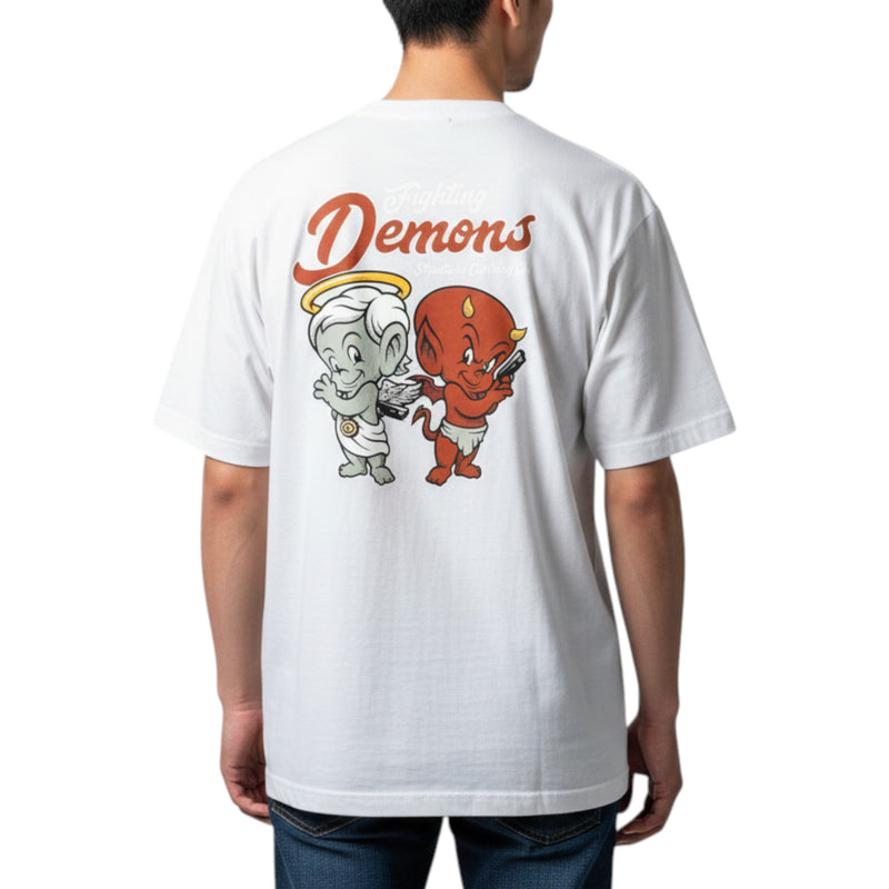 Load image into Gallery viewer, White t-shirt with cartoon characters and 'Demons' text on the back, worn by a person.
