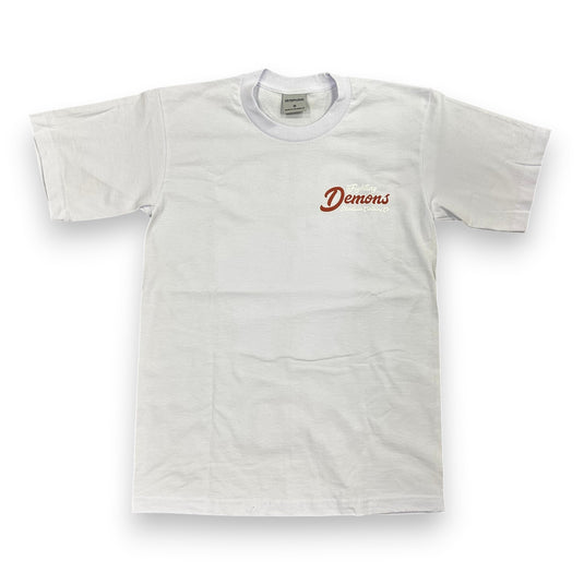 White t-shirt with 'Demons' text on a white background