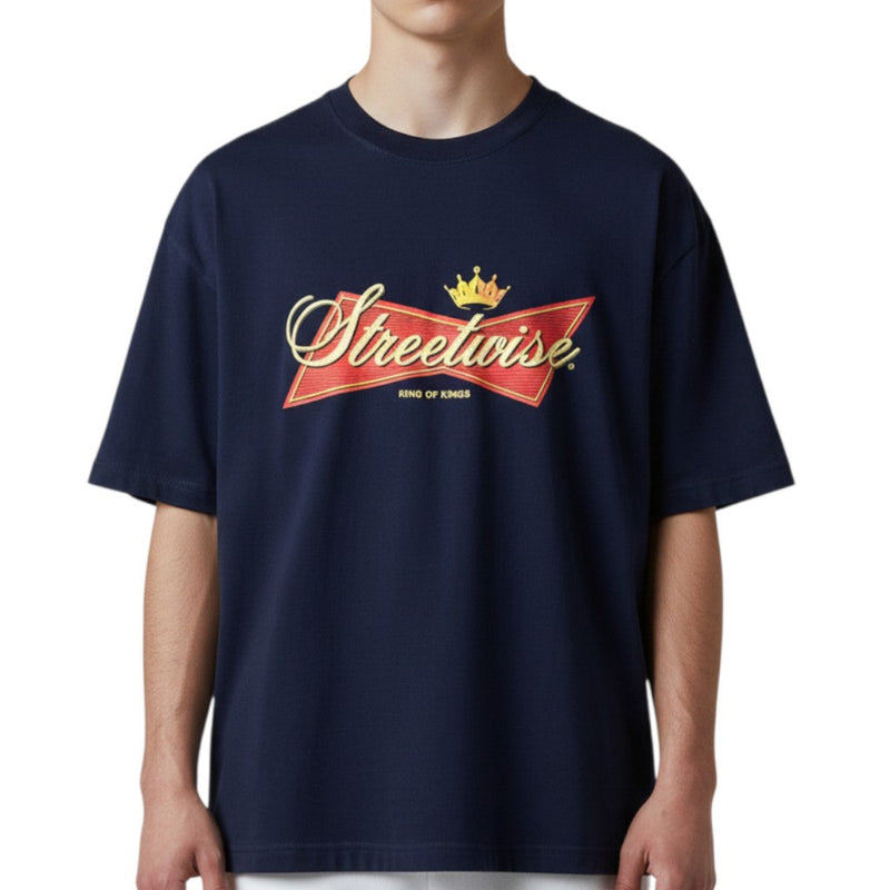 Load image into Gallery viewer, Navy tee with 'Streetwise' printed across the chest on a Budweiser-inspired logo on a white background. 
