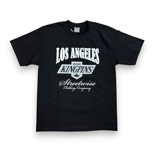 Black t-shirt with a LA Kings-inspired graphic on a white background