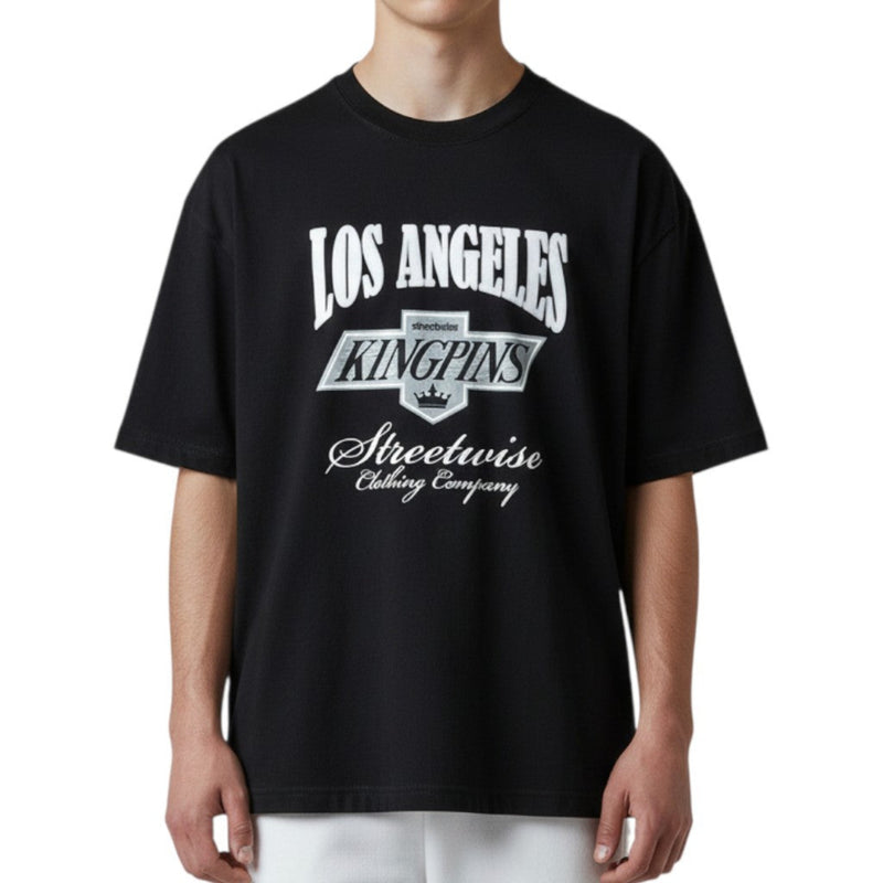 Load image into Gallery viewer, Black t-shirt with 'Los Angeles Kingpins' text on a white background
