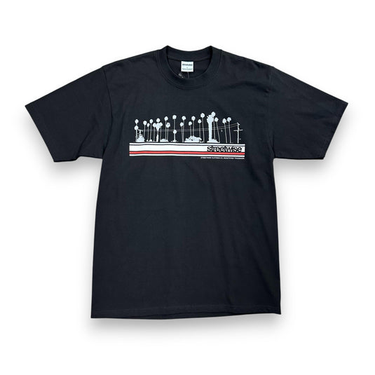 Black t-shirt with a white graphic printed on a white background.