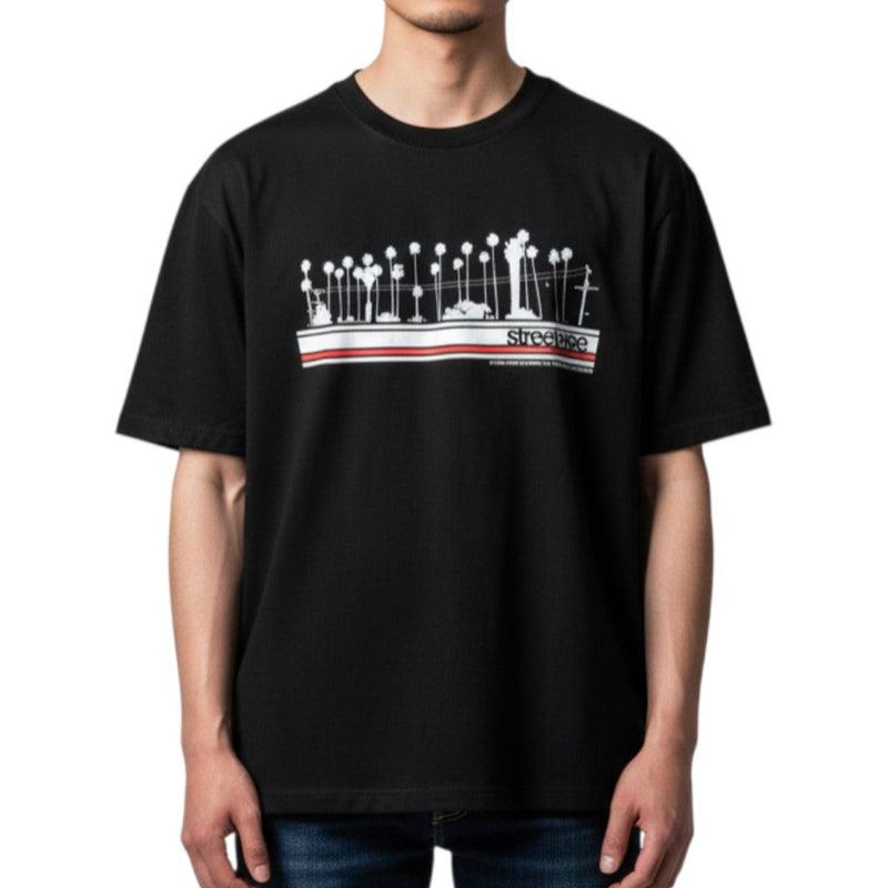 Load image into Gallery viewer, Black t-shirt with a graphic design on a white background
