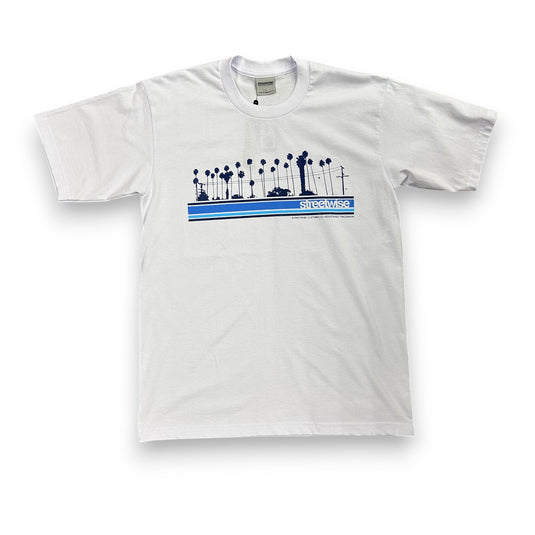 White t-shirt with a blue graphic design on a white background