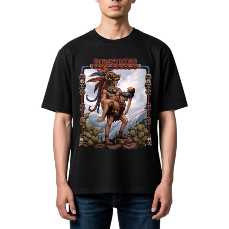 Load image into Gallery viewer, A man wearing a black t-shirt with a large graphic print of a warrior carrying a person, set against a plain white background.
