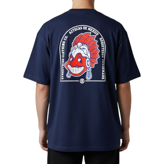 Navy blue t-shirt with a colorful graphic on the back, displayed on a person.