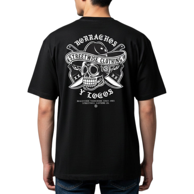 Load image into Gallery viewer, Black t-shirt with white graphic design on the back, featuring a skull and crossed swords, worn by a person.
