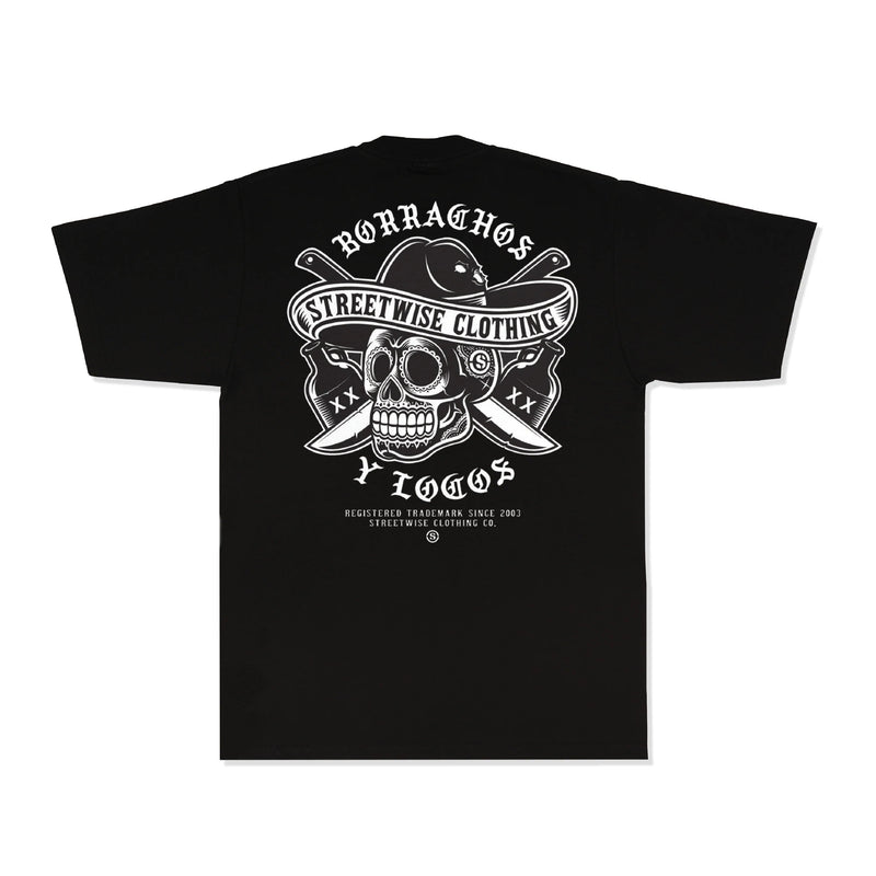 Load image into Gallery viewer, Black t-shirt with white graphic design on a white background
