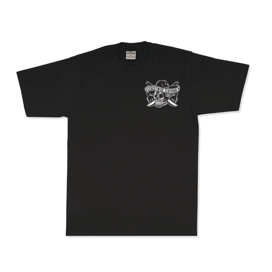 Black t-shirt with a logo on the chest against a white background