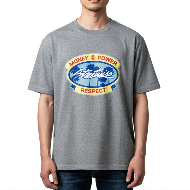 Load image into Gallery viewer, Person wearing a gray t-shirt with a graphic design on a white background
