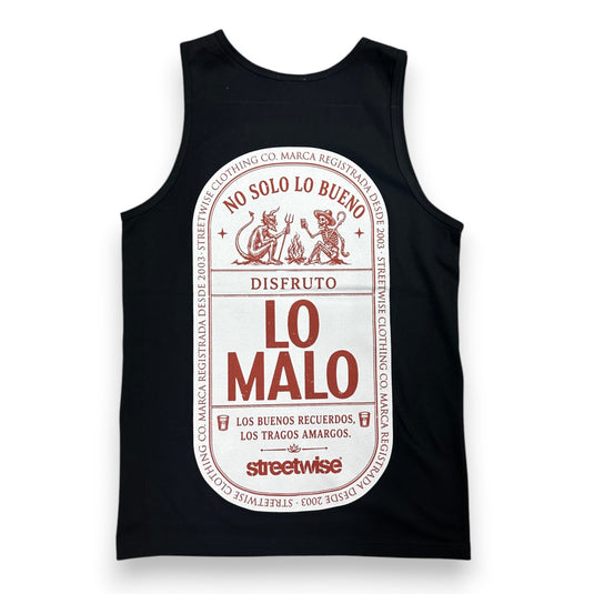 A black sleeveless tank top featuring a large circular graphic print on the front with Spanish text and illustrations, including the brand name 'streetwise' and the phrase 'NO SOLO LO BUENO'.