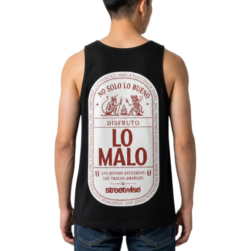 Load image into Gallery viewer, A man viewed from the back wearing a black sleeveless tank top with a large circular red and white graphic on the back that reads 'LO MALO' and 'streetwise'.
