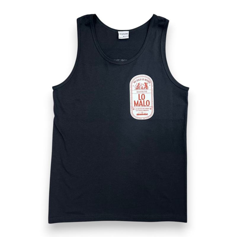 Load image into Gallery viewer, A black sleeveless tank top featuring a vintage-style 'LO MALO' beer label graphic printed on the left chest, displayed against a clean white background.
