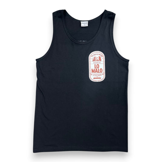 A black sleeveless tank top featuring a vintage-style 'LO MALO' beer label graphic printed on the left chest, displayed against a clean white background.