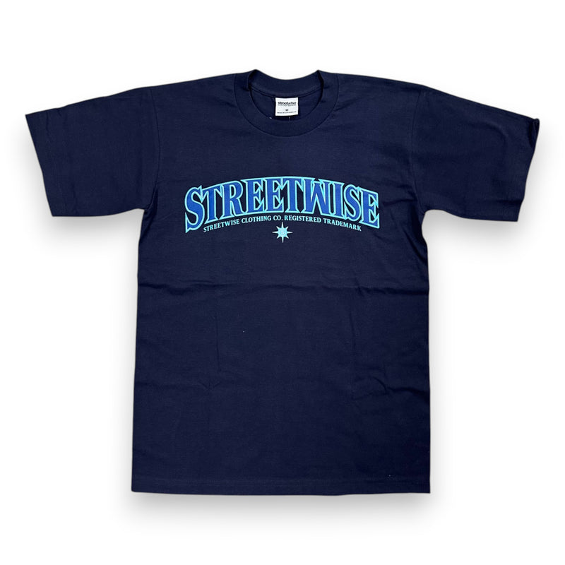 Load image into Gallery viewer, Navy blue t-shirt with 'Streetwise' logo on a white background
