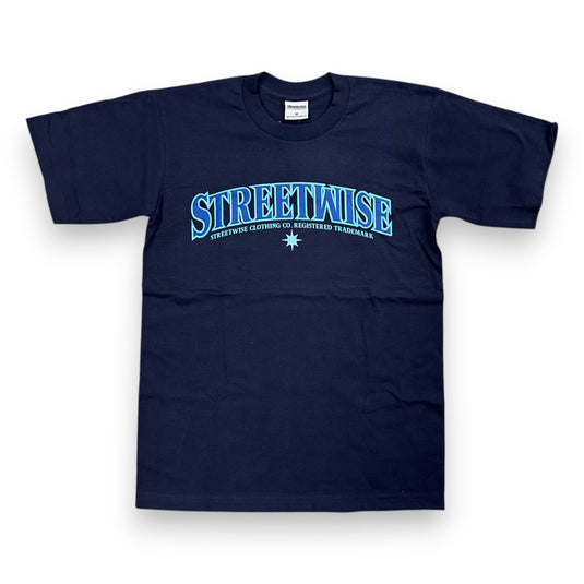 Navy blue t-shirt with 'Streetwise' logo on a white background