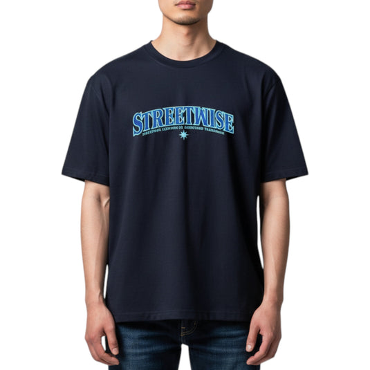 Person wearing a navy blue t-shirt with 'STREETWISE' logo on a white background