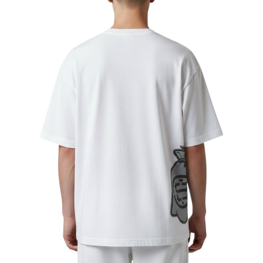 Person wearing a white t-shirt with a graphic design on the back, standing against a white background