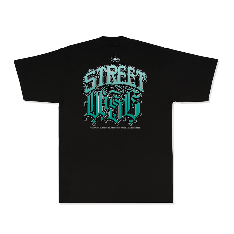 Load image into Gallery viewer, A black short-sleeve t-shirt with a large gothic-style graphic on the back reading 'STREETWISE' in teal and light blue, with small text underneath, shown against a plain white background.
