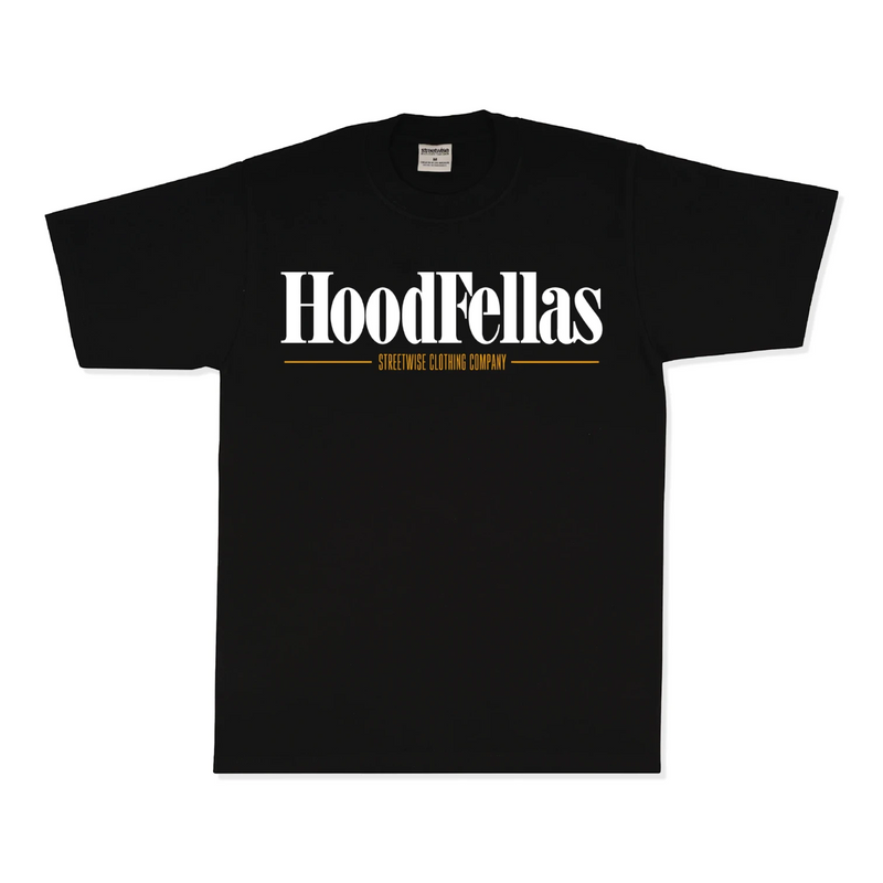 Load image into Gallery viewer, A black short-sleeve crewneck t-shirt featuring a white 'HoodFellаs' logo across the chest, with a thin gold horizontal line and smaller text reading 'STREETWISE CLOTHING COMPANY' underneath, displayed on a clean white background.
