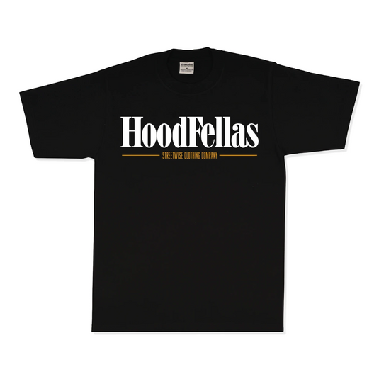 A black short-sleeve crewneck t-shirt featuring a white 'HoodFellаs' logo across the chest, with a thin gold horizontal line and smaller text reading 'STREETWISE CLOTHING COMPANY' underneath, displayed on a clean white background.
