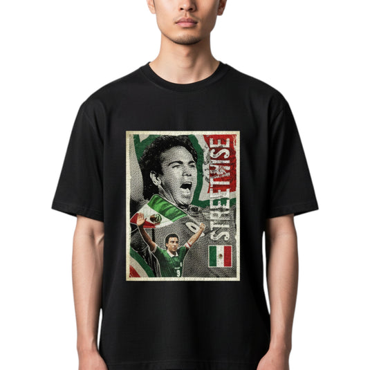 Person wearing a black t-shirt with a graphic design on a white background