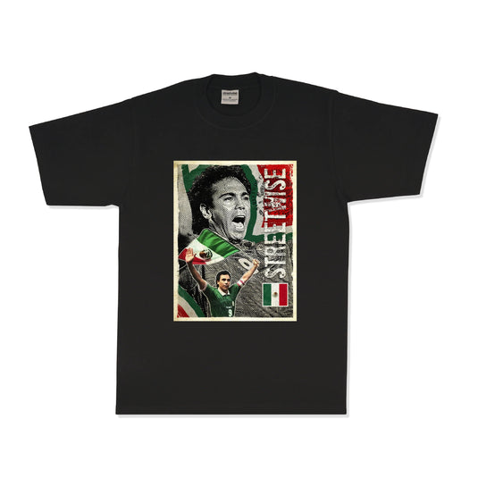 Black t-shirt with graphic design of a person holding an Italian flag on a white background