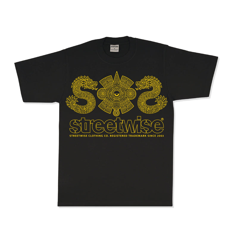 Load image into Gallery viewer, A black short-sleeve t-shirt with a gold graphic print on the front. The design features two stylized dragons flanking a central emblem, with the word 'streetwise' printed below in a stylized gold font.
