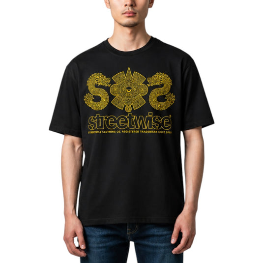A man wearing a black short-sleeve t-shirt with a large gold graphic on the front. The graphic features stylized letters and the brand name 'streetwise' with smaller text underneath.