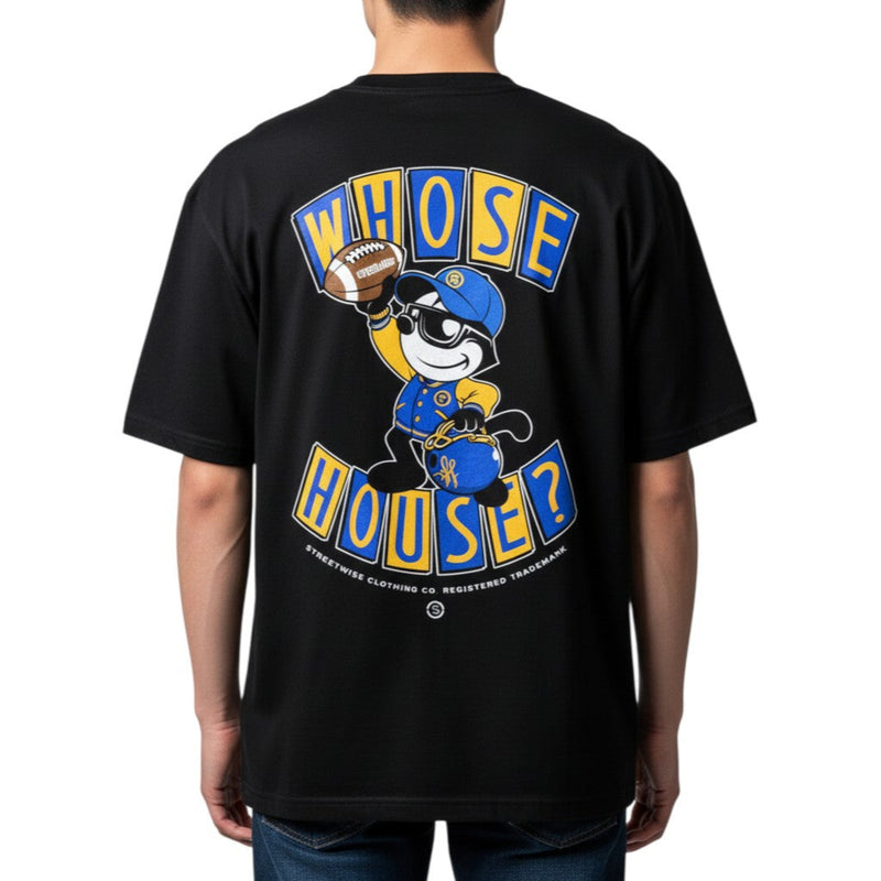 Load image into Gallery viewer, Black t-shirt with 'Whose House?' graphic on the back, featuring a cartoon character and text.
