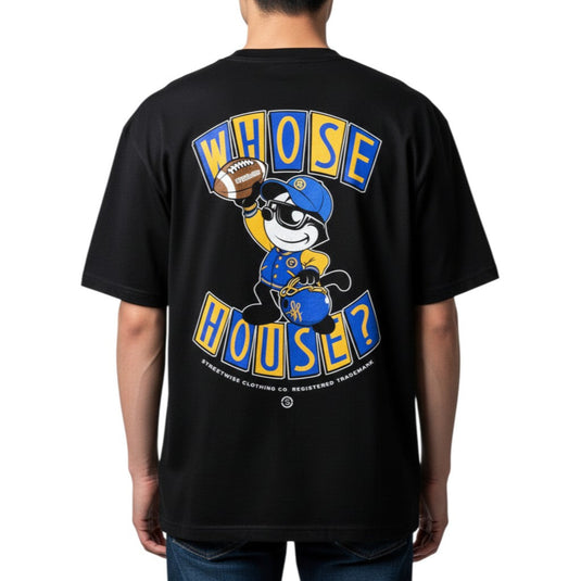 Black t-shirt with 'Whose House?' graphic on the back, featuring a cartoon character and text.