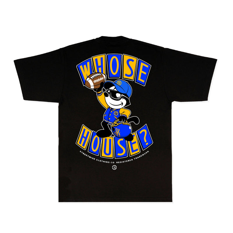 Load image into Gallery viewer, Black t-shirt with a Felix the Cat graphic that reads'Whose House?' in alternating yellow and blue lettering.  On a white background
