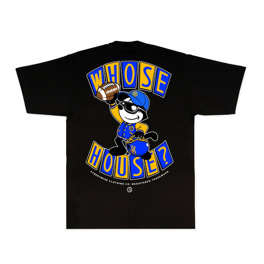Black t-shirt with a Felix the Cat graphic that reads'Whose House?' in alternating yellow and blue lettering.  On a white background
