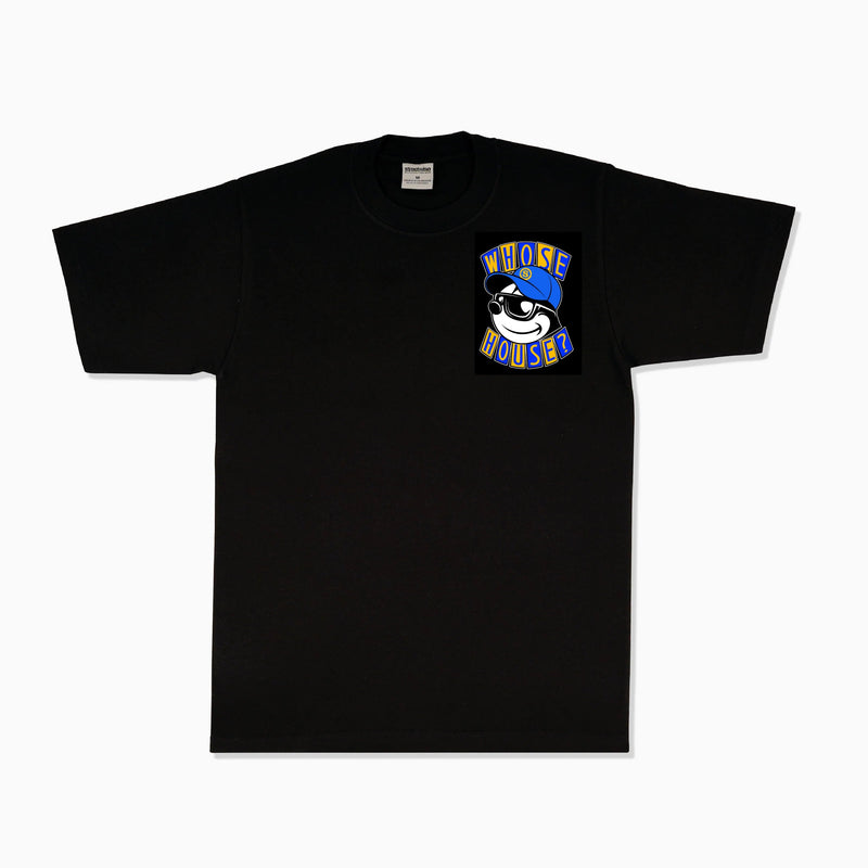 Load image into Gallery viewer, Black t-shirt with a logo on the chest against a white background
