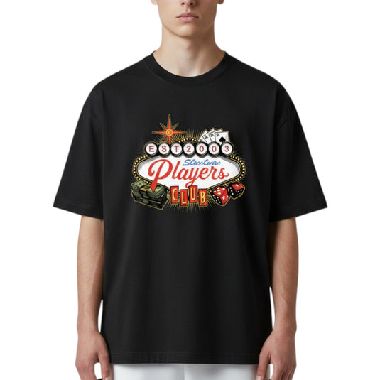 Black t-shirt with colorful Streetwise graphic design on a white background