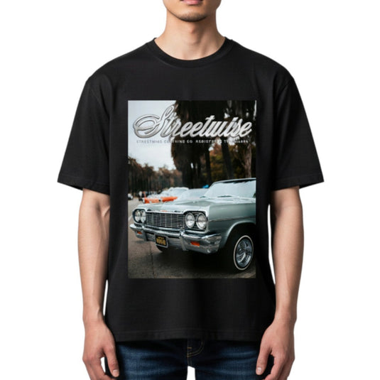Black tee with a car graphic on the front and 'Streetwise' Logo on a white background.