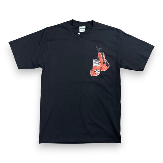 A black short-sleeve t-shirt with a small graphic on the left chest depicting red boxing gloves shown against a plain white background.