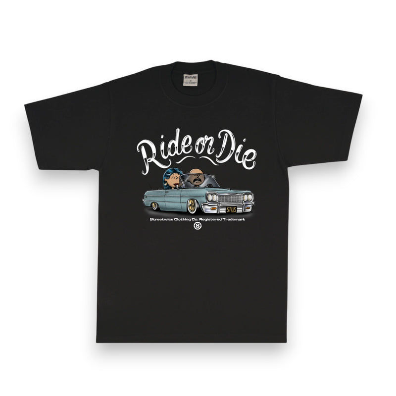 Load image into Gallery viewer, Black t-shirt with 'Ride or Die' graphic and car illustration on a white background
