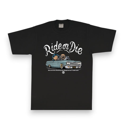 Black t-shirt with 'Ride or Die' graphic and car illustration on a white background